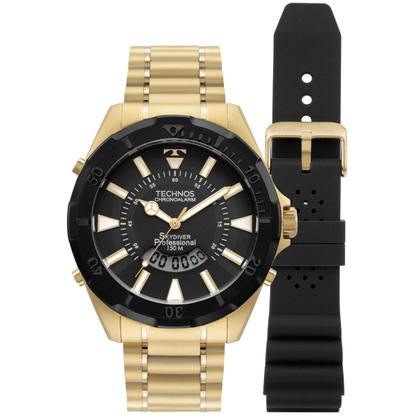 Imagem de Relógio Masculino Technos Skydiver Dourado e Preto Digital e Analógico Troca a Pulseira Kit com 2 Pulseiras à Prova D Água Social Casual Luxo Elegante