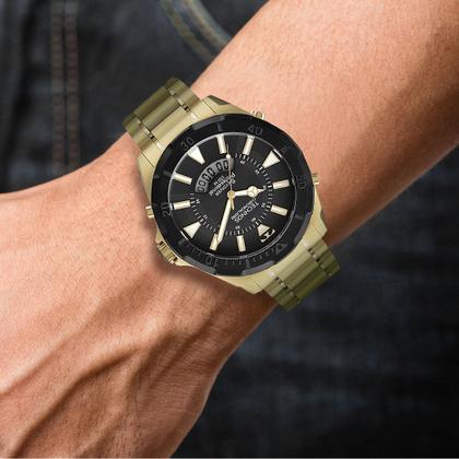 Imagem de Relógio Masculino Technos Skydiver Dourado e Preto Digital e Analógico Troca a Pulseira Kit com 2 Pulseiras à Prova D Água Social Casual Luxo Elegante