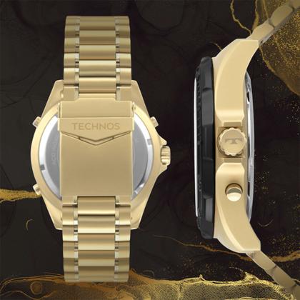 Imagem de Relógio Masculino Technos Skydiver Dourado e Preto Digital e Analógico Troca a Pulseira Kit com 2 Pulseiras à Prova D Água Social Casual Luxo Elegante