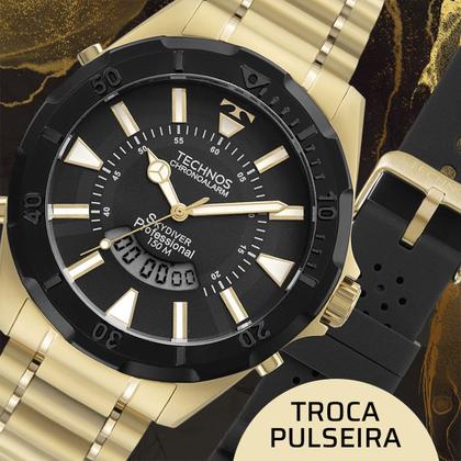 Imagem de Relógio Masculino Technos Skydiver Dourado e Preto Digital e Analógico Troca a Pulseira Kit com 2 Pulseiras à Prova D Água Social Casual Luxo Elegante