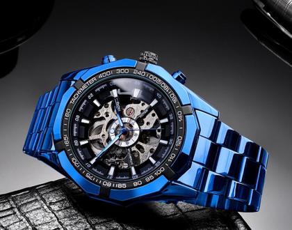Imagem de Relógio Masculino Winner Automático Luxo Aço Inoxidável Azul