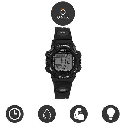 Imagem de Relógio Menino Digital Onix IT-619 (0101) Resistente à água 5 ATM Caixa em Resina Preto Pulseira de Plástico Visor Acrílico Redondo Fivela Bateria