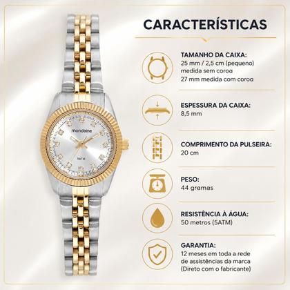 Imagem de Relogio Mondaine Feminino dourado prata pequeno bicolor cravejado com pedrinhas Social misto a prova dagua 32730LPMVBE2