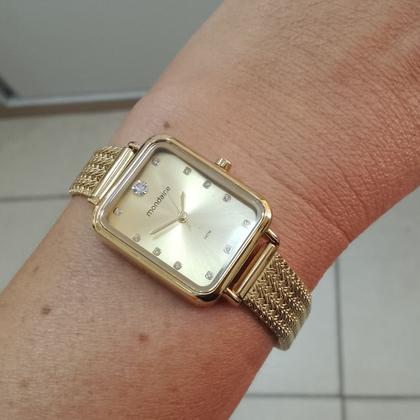 Imagem de Relogio Mondaine Feminino dourado quadrado retangular pequeno cravejado pulseira malha de aço mesh 32744LPMVDE1