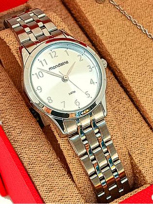 Imagem de Relógio Mondaine Feminino Original Prata À Prova DÁgua com NF Colar e Brincos 608P