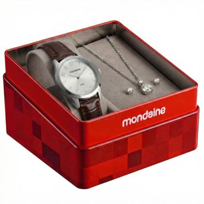 Imagem de Relogio Mondaine Feminino pequeno prateado numero classico social pulseira couro marrom kit 99917L0MKNH2K1