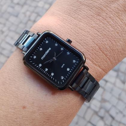 Imagem de Relogio Mondaine Feminino preto pequeno quadrado retangular cravejado com pedrinhas strass luxo 32780LPMVPE3