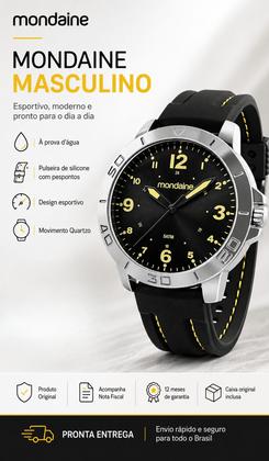 Imagem de Relógio Mondaine Masculino De Pulso Analógico Quartz Esportivo Casual A Prova Dágua 50 Metros Pulseira Preta E amarela Em Silicone Original