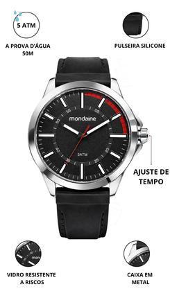 Imagem de Relógio Mondaine Masculino De Pulso Analógico Quartz Esportivo Casual Com Pulseira Preta Em Silicone Prova Dágua 50m Original