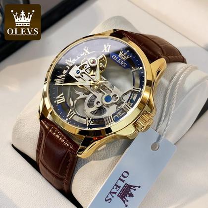 Imagem de Relógio OLEVS Gold Blue Skeleton Tourbillon impermeável para homens