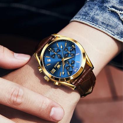 Imagem de Relógio OLEVS para homens, mostrador grande, pulseira de couro marrom, azul