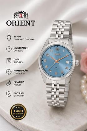 Imagem de Relógio Orient Feminino Analógico Eternal Aço Prata Fundo Azul Sky Blue Calendário FBSS1206 A2SX