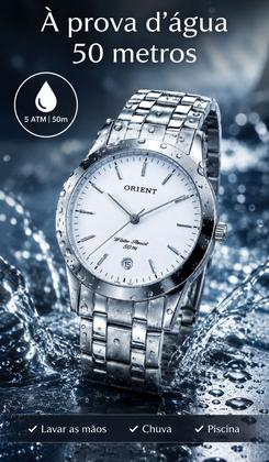 Imagem de Relógio Orient Feminino De Pulso Minimalista Elegante Com Fundo Branco Analógico Quartz Prata Em Aço Inoxidável A Prova Dágua Em 50 Metros Original