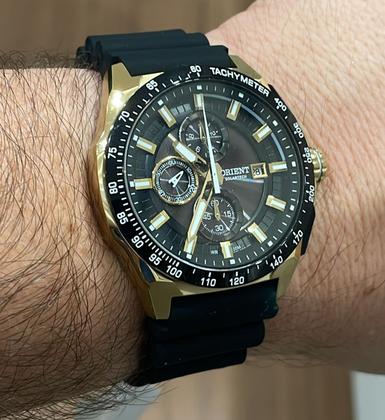 Imagem de Relógio Orient Masculino Dourado Solartech Safira Cronógrafo Pulseira Borracha MGSPC006 P1PX