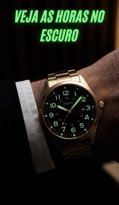 Imagem de Relogio Orient Masculino Esportivo De Pulso Analógico Quartz Numeração Completa Dourado Brilha No Escuro A Prova Dágua 50 Metros Original