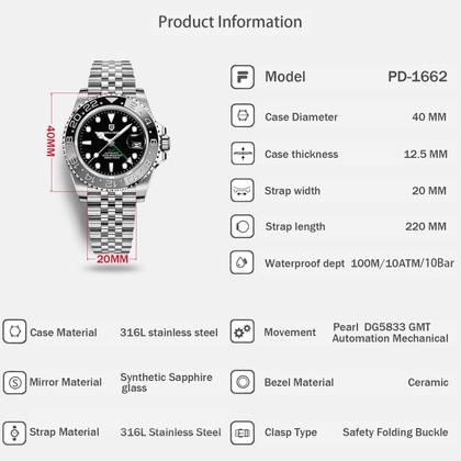 Imagem de Relógio Pagani Design GMT PD-1662 automático de 40 mm para homens