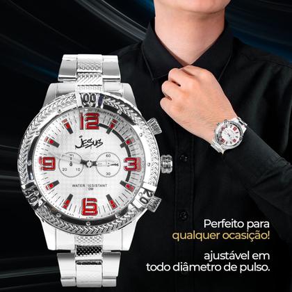Imagem de Relogio Prata Masculino Aço Inox robusto grande qualidade premium jesus católico religião original prateado pesado