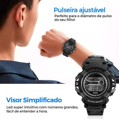 Imagem de Relogio Preto Criança Silicone Digital Led Infantil + Caixa esportivo ajustavel menino cronometro data qualidade premium