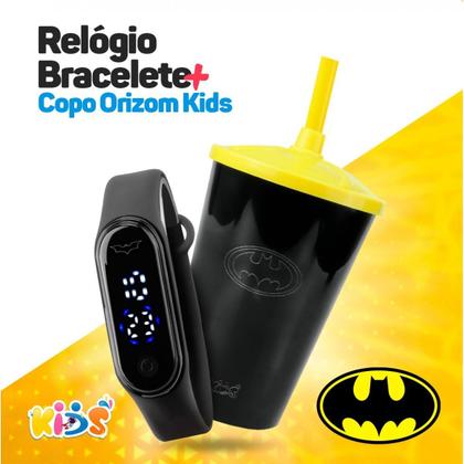 Imagem de Relogio Preto Infantil Led Digital Prova Dagua + Copo Batman silicone original esportivo adolescente presente preto data