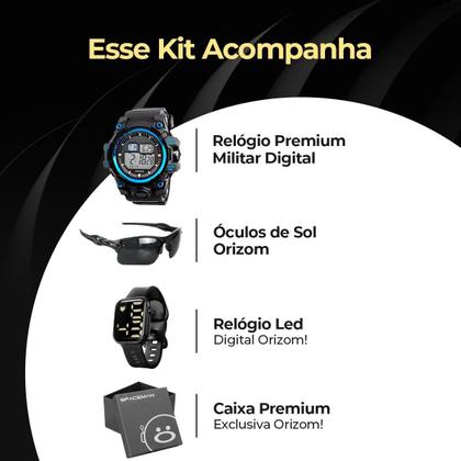 Imagem de relogio prova dagua digital + caixa + oculos proteção sol uv preto cronometro ajustavel presente original alarme azul