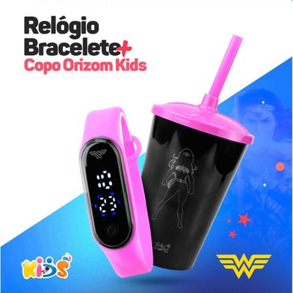 Imagem de relogio prova dagua digital + copo infantil mulher maravilha esportivo silicone adolescente criança menina original rosa