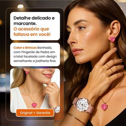 Imagem de Relogio Prova Dagua Feminino Silicone + Colar Brinco + Caixa coração moda strass ajustavel Rose social presente zirconia