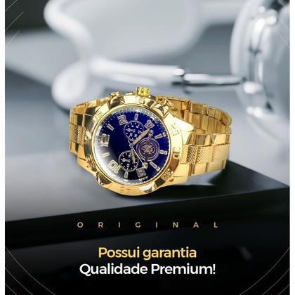 Imagem de Relogio prova dagua masculino aço + cordão crucifixo + caixa pesado robusto jesus dourado qualidade premium religião