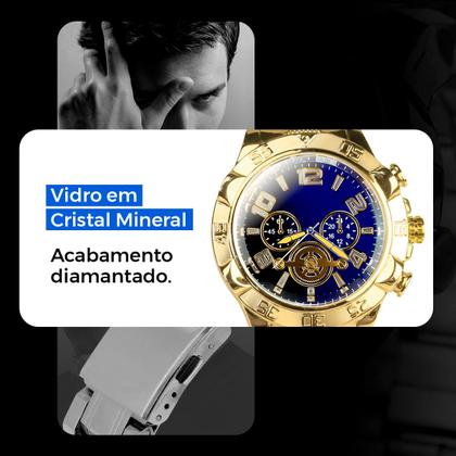 Imagem de Relogio prova dagua masculino aço + cordão crucifixo + caixa pesado robusto jesus dourado qualidade premium religião