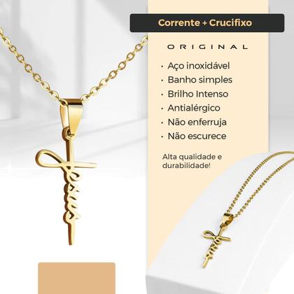 Imagem de Relogio prova dagua masculino aço + cordão crucifixo + caixa pesado robusto jesus dourado qualidade premium religião