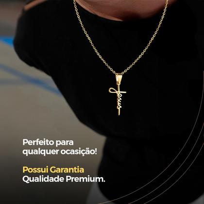 Imagem de Relogio prova dagua masculino aço + cordão crucifixo + caixa pesado robusto jesus dourado qualidade premium religião