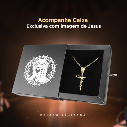 Imagem de Relogio prova dagua masculino aço + cordão crucifixo + caixa pesado robusto jesus dourado qualidade premium religião