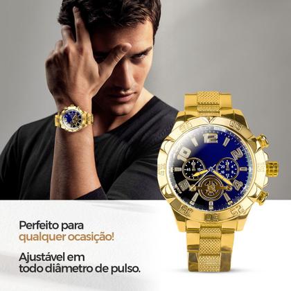 Imagem de Relogio prova dagua masculino aço + cordão crucifixo + caixa pesado robusto jesus dourado qualidade premium religião