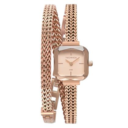 Imagem de Relógio Pulseira Feminino Analógico Rosé em Aço Inoxidável à Prova D Água Mini Pequeno Quadrado Casual Social Technos