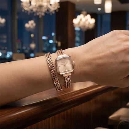 Imagem de Relógio Pulseira Feminino Analógico Rosé em Aço Inoxidável à Prova D Água Mini Pequeno Quadrado Casual Social Technos