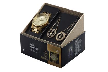Imagem de Relogio Seculus Feminino dourado Nossa Senhora Aparecida kit Padroeira do Brasil banhado 20981LPSKDA1K1