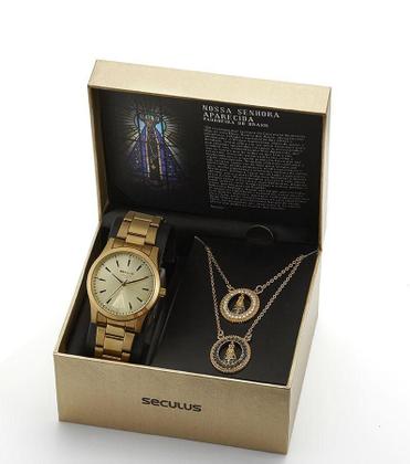 Imagem de Relogio Seculus Feminino dourado Nossa Senhora Aparecida kit Padroeira do Brasil banhado 20981LPSKDA1K1