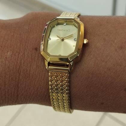 Imagem de Relogio Seculus feminino dourado quadrado pequeno retangular cravejado strass pulseira esteira 77344LPSVDS1