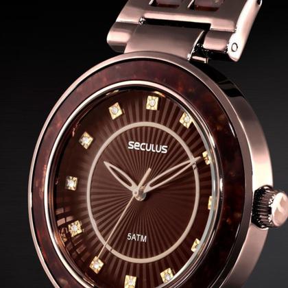 Imagem de Relógio Seculus Feminino Marrom 20410LPSVMF5 Analógico 5 Atm Cristal Mineral Tamanho Grande