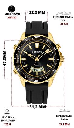 Imagem de Relógio Seculus Masculino Analógico E Digital Preto e Dourado Aço Inoxidável Esportivo Pulseira Silicone Prova DÁgua 100 Metros Original