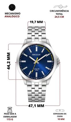 Imagem de Relógio Seculus Masculino Analógico Prateado Azul Casual Quartz Em Aço Inoxidável Brilha No Escuro Prova Dágua 50 Metros Original