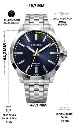 Imagem de Relógio Seculus Masculino Analógico Prateado Fundo Azul Escuro Casual Quartz Em Aço Inoxidável Brilha No Escuro Prova Dágua 50 Metros Original