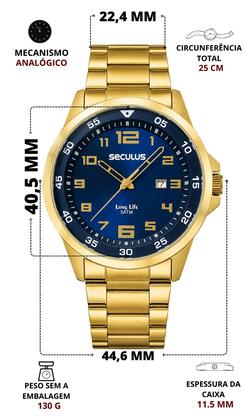 Imagem de Relógio Seculus Masculino De Pulso Analógico Dourado Long Life Com Calendário Fundo Azul A Prova DÁgua em 50 Metros Original