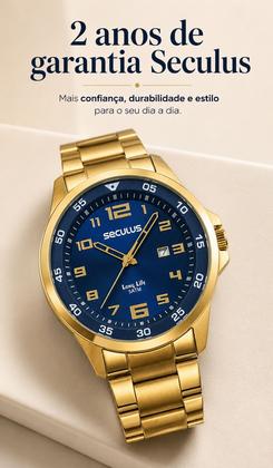 Imagem de Relógio Seculus Masculino De Pulso Analógico Dourado Long Life Com Calendário Fundo Azul A Prova DÁgua em 50 Metros Original