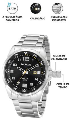 Imagem de Relógio Seculus Masculino De Pulso Analógico Quartz Esportivo Casual Prata Em Aço Inoxidável Prova Dágua Original