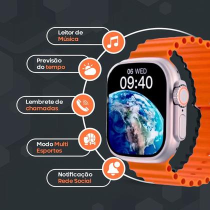 Imagem de Relogio Smartwatch Inteligente Laranja Ultra Para Samsung iPhone Watch Ultra Lançamento Nota Fiscal