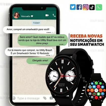 Imagem de Relógio Smartwatch Redondo Preto Bluetooth À Prova dÁgua Masculino Esportivo Compatível com Samsung Android iOS e Xiaomi 2026