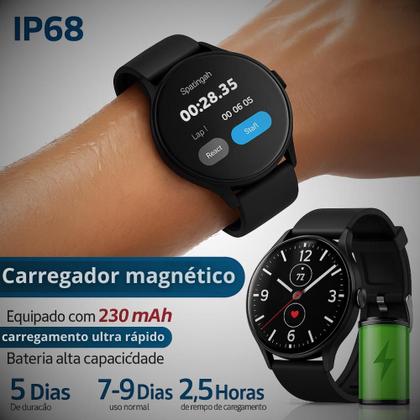 Imagem de Relógio Smartwatch Redondo Preto Bluetooth À Prova dÁgua Masculino Esportivo Compatível com Samsung Android iOS e Xiaomi 2026