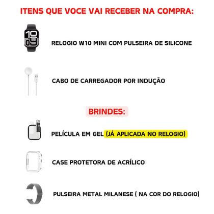 Imagem de Relógio Smartwatch W10 Mini Microwear Feminino Masculino 42mm Amoled Responde Mensagens Memória Interna 1GB Pulseira Metal Milanese Case Película