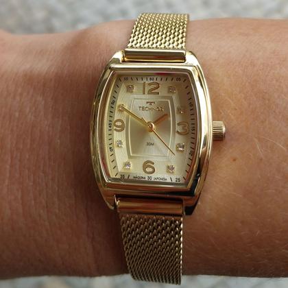 Imagem de Relogio Technos feminino dourado quadrado retangular pequeno classico social pulseira esteira aço inox 2035MZW/1D