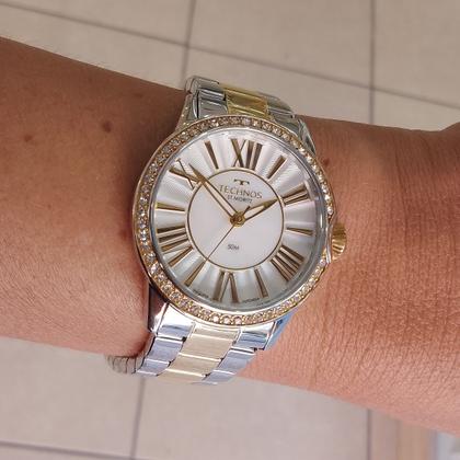 Imagem de Relogio Technos feminino prata e dourado grande misto bicolor algarismos romanos cravejado com pedrinhas strass 2035MYU/1K